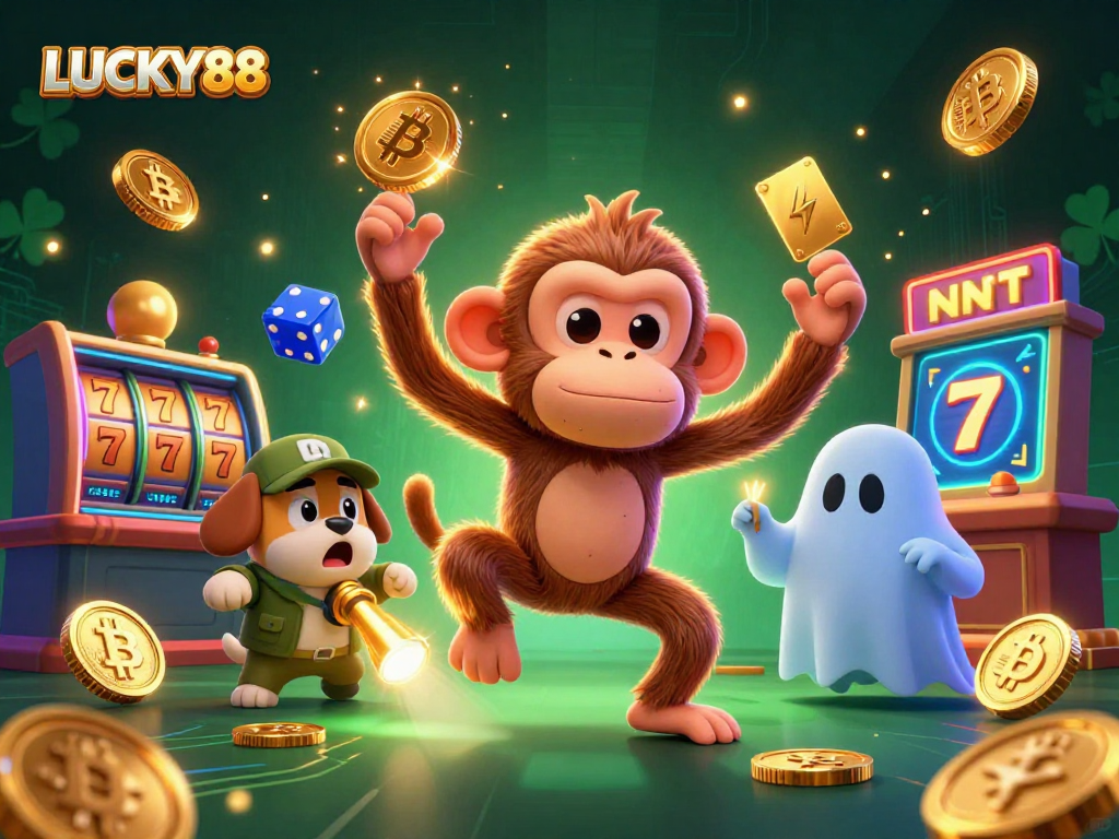 LUCKY88 showcases a lively casino scene with a mischievous monkey and a curious puppy, enhancing the gaming excitement.