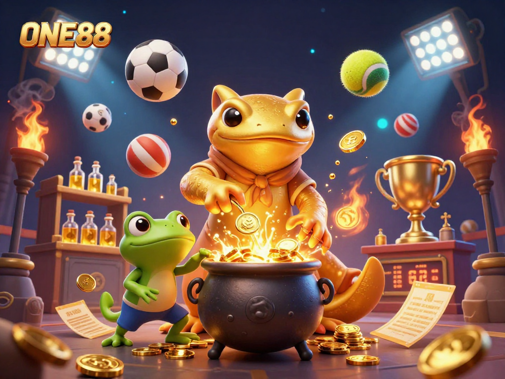 Experience the thrill of gambling with ONE88's vibrant scene showcasing a golden salamander in an enchanting casino.