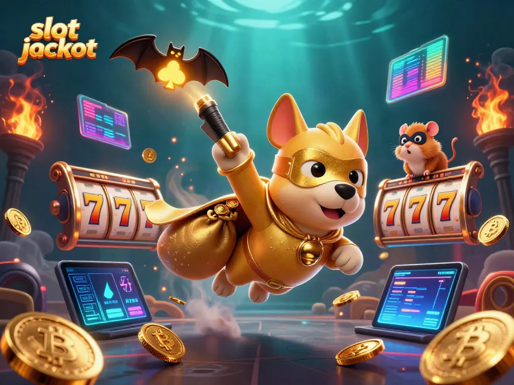 Experience the thrill of a slot jackpot with our superhero dog and hamster unlocking treasures in a vibrant casino scene.