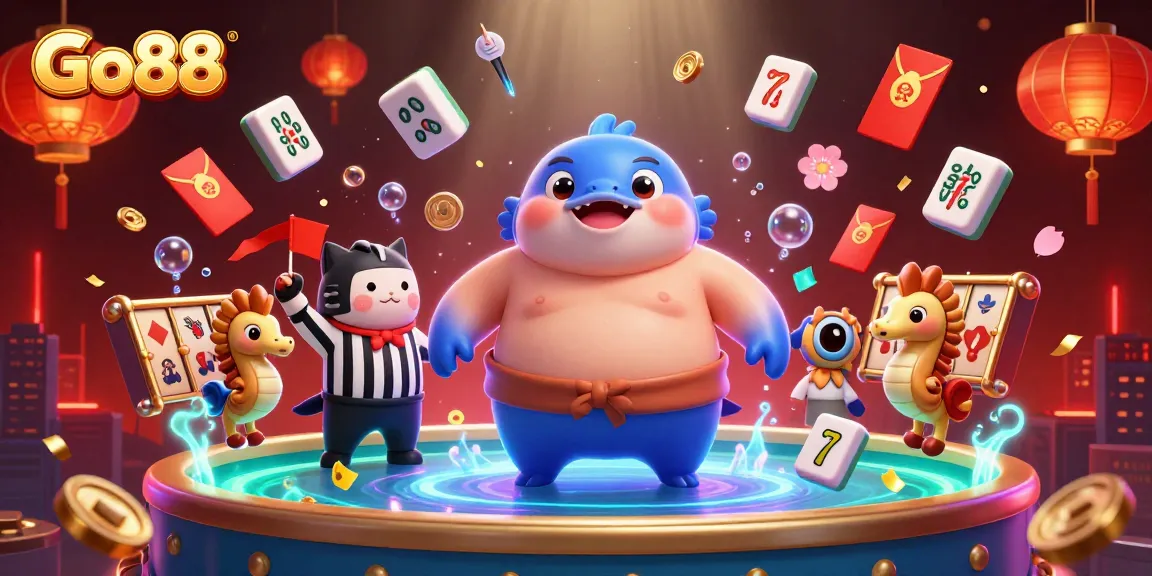 Go88 captures the excitement of gambling with a dynamic 3D underwater scene featuring slot games and festive elements.