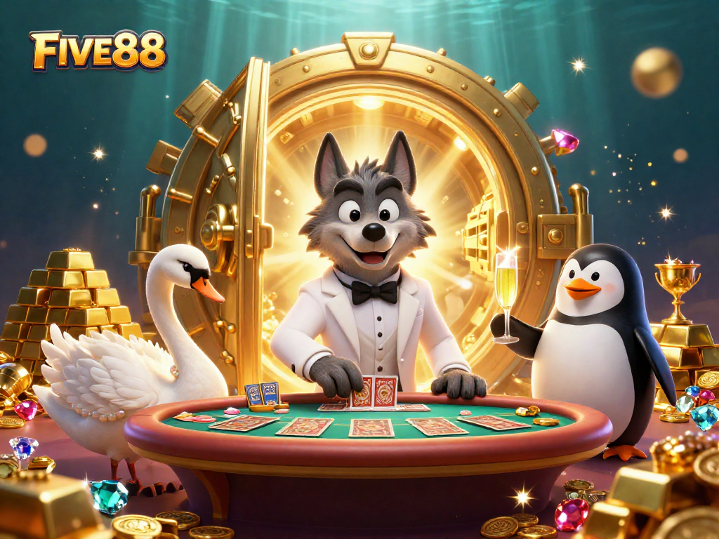 Win big at FIVE88 with an engaging scene of a debonair wolf at a baccarat table, surrounded by luxury.