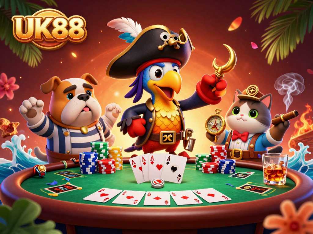 Engage in exciting gameplay at UK88 with a lively illustration of a pirate-themed casino scene.