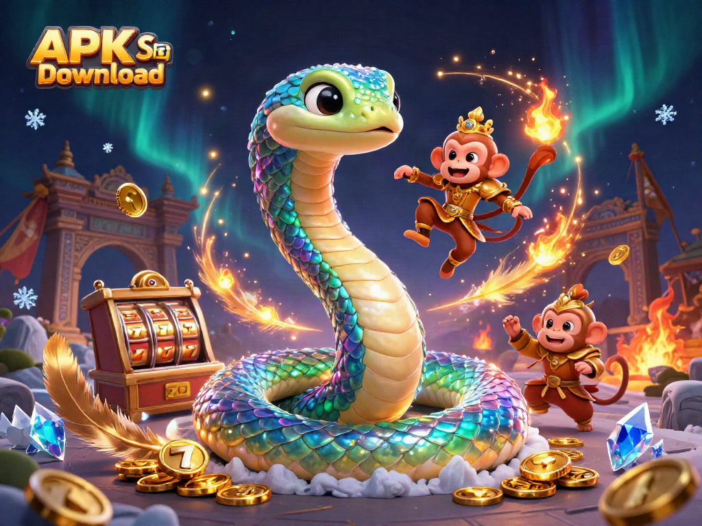 Spin to win with APK Slot Download in a vibrant, bustling casino scene filled with enchanting characters and elements.