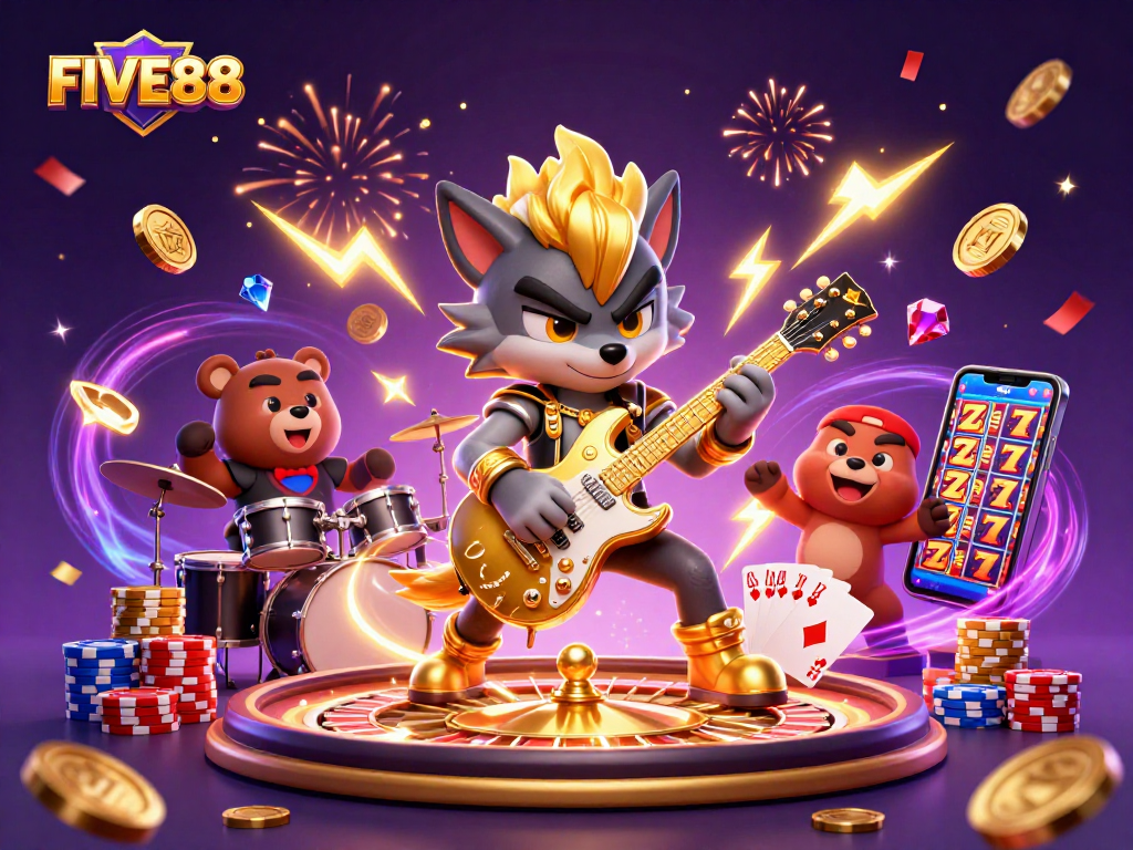 FIVE88 features cartoon rock star wolf and drummer bear on a vibrant casino stage