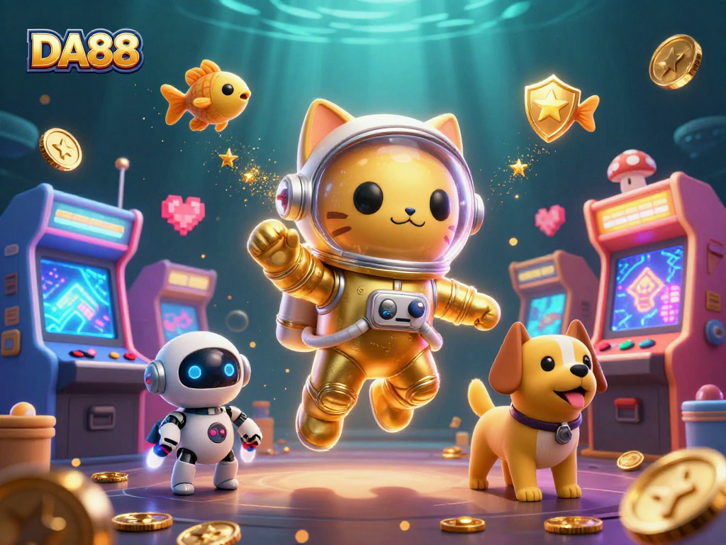 DA88 engages players with a dynamic casino scene featuring a cat astronaut and vibrant gaming elements.