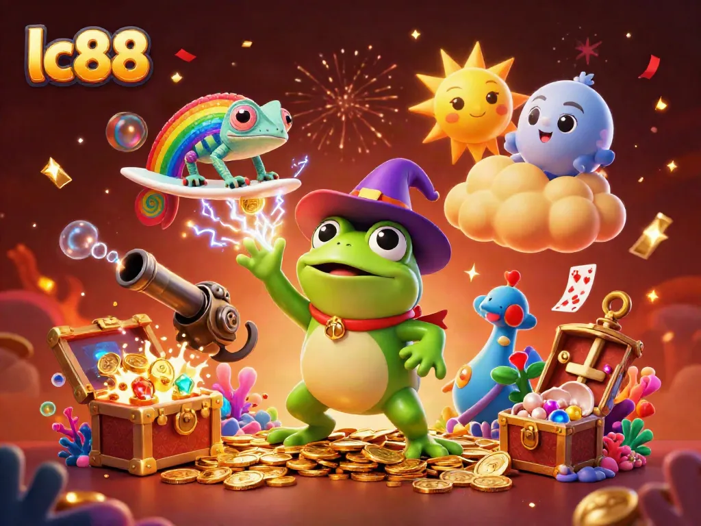 Engage with lc88's thrilling casino experience amid a storm of coins and vibrant characters.