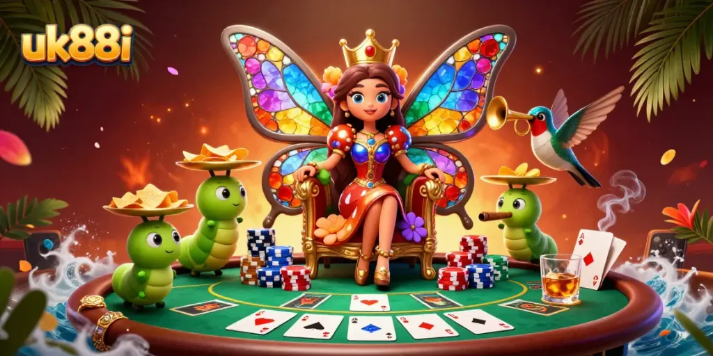 Engage with the vibrant world of uk88i as a butterfly queen presides over a colorful poker scene.