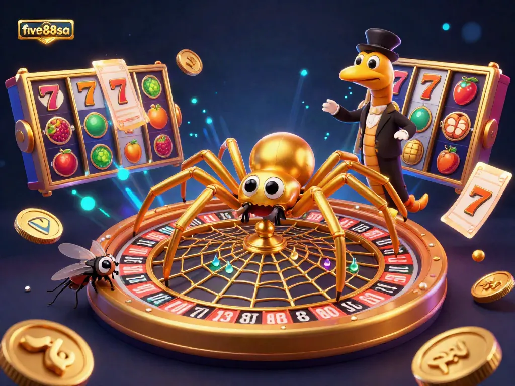Engage in thrilling casino action with the five88sa dynamic scene featuring a golden roulette web and lively elements.