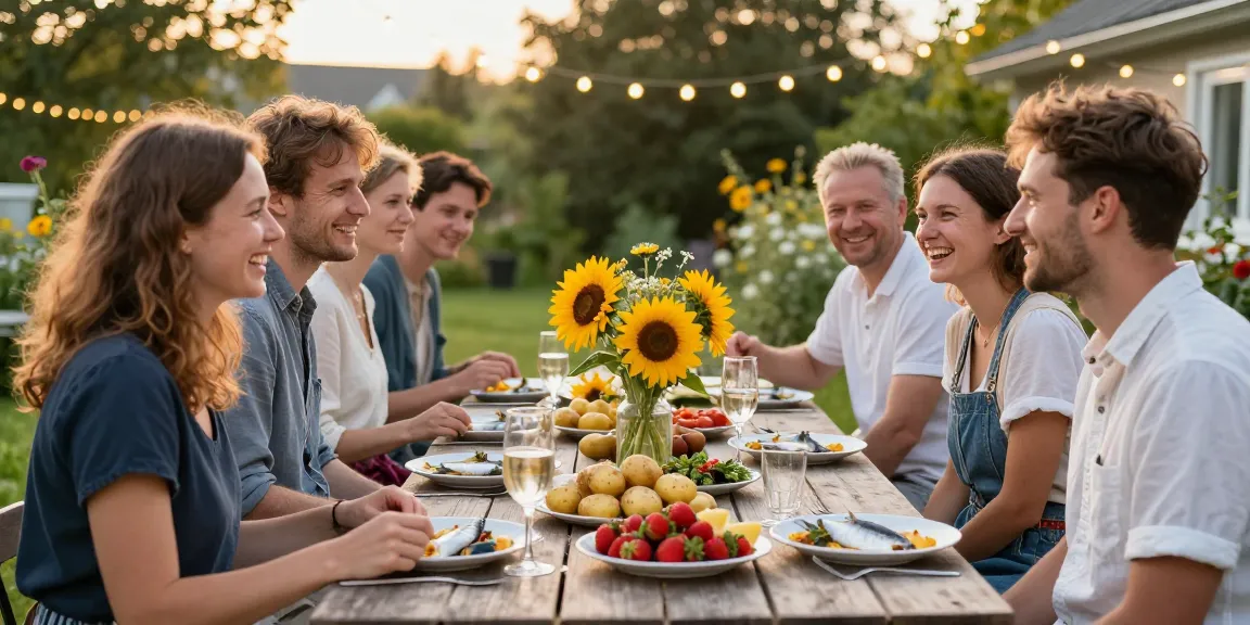 Recept på midsommarmat serveras på ett festligt långbord med vänner i en solig trädgård.