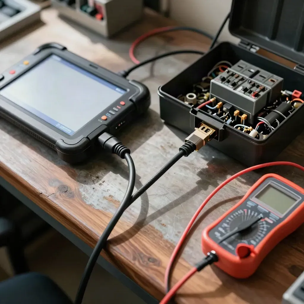 Diagnosverktyg, OBD-kabel och säkringsbox på varm verkstadsbänk.