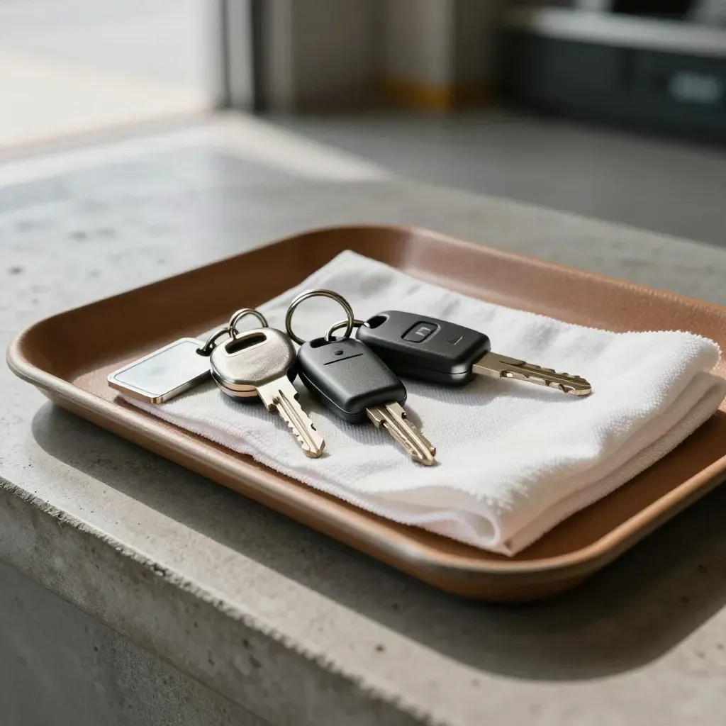 Två bilnycklar, servicetag och vikt mikrofiberduk på läderbricka i verkstadsljus.
