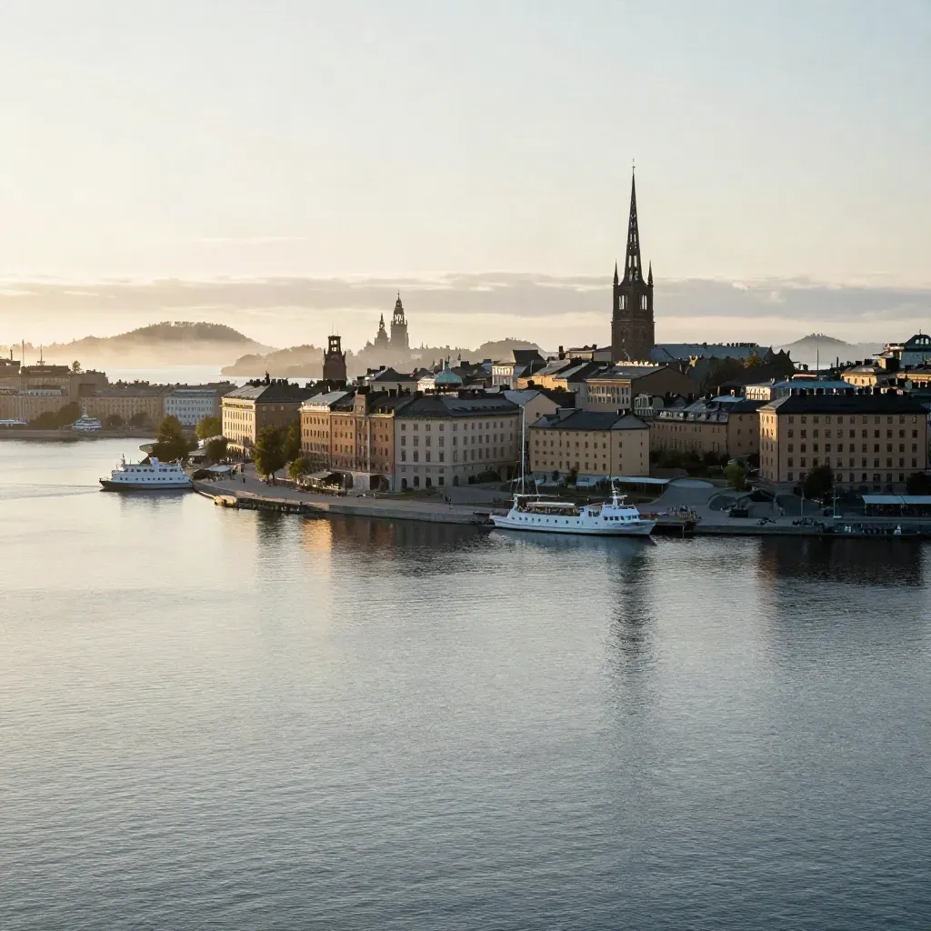 Stockholms skyline över stilla vatten i kvällsljus, med dimma och långsamma reflektioner.