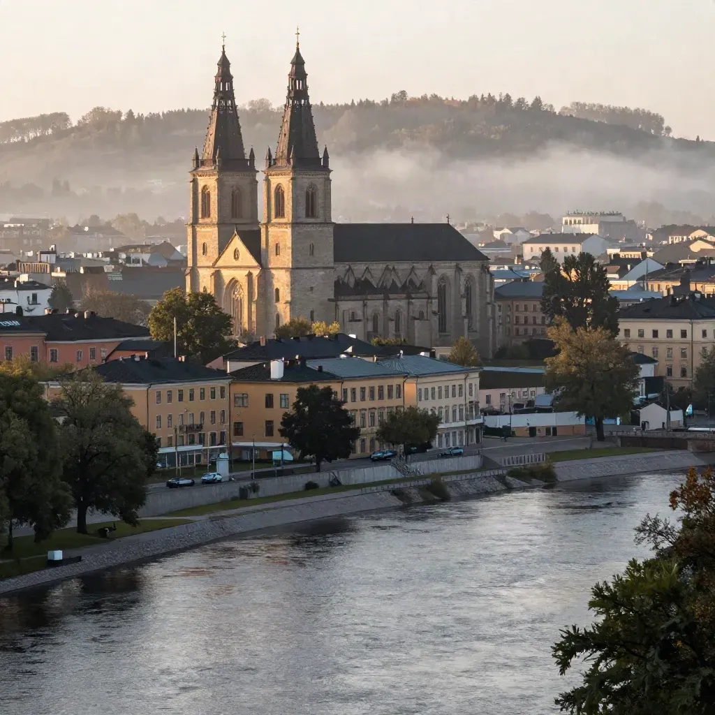 Uppsala domkyrka i gyllene morgondis över Fyrisån och stadens tak
