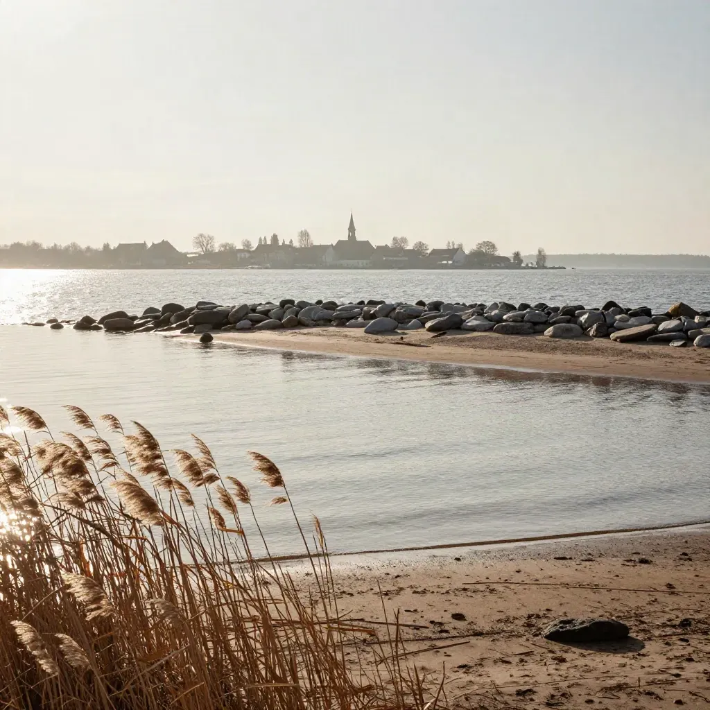 Mälarens strand med vass, herrgårdstak och kyrksiluett i varm kvällsdimma.
