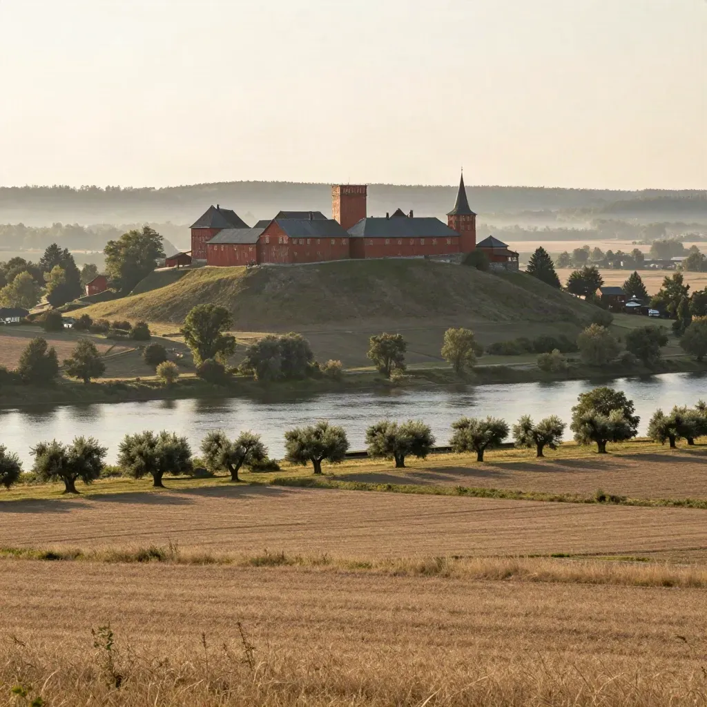 Nyköpings slottshöjd över floddal och röda tak i varm sommardis