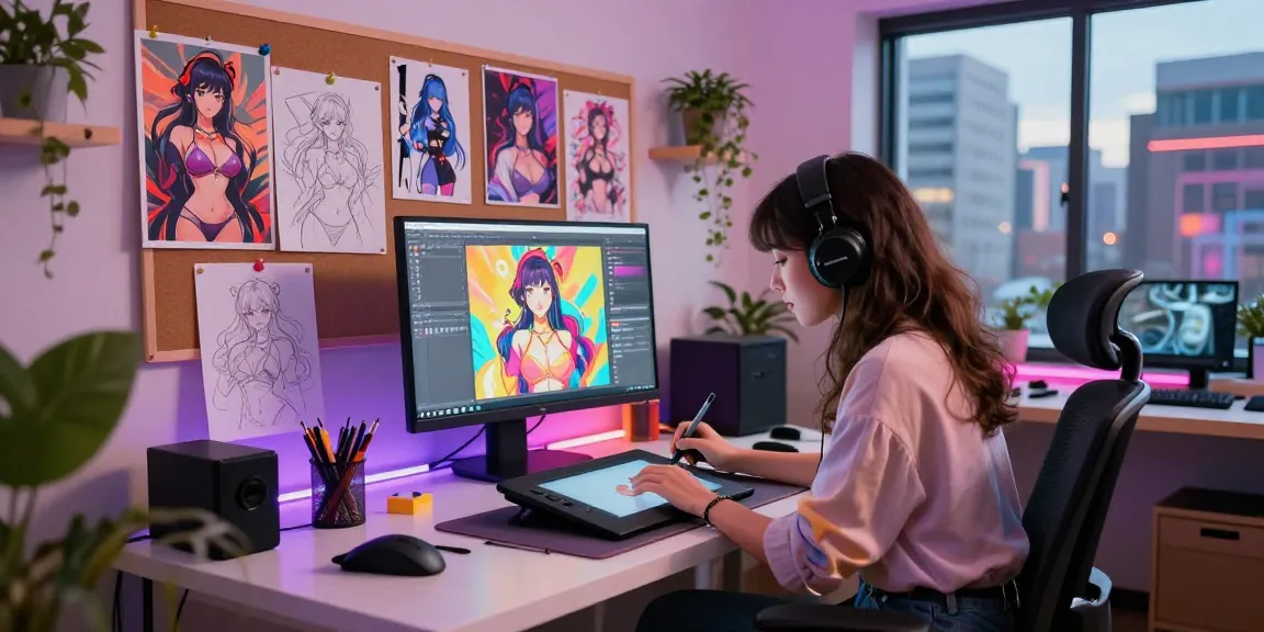 Artist creating AI hentai illustrations in a vibrant digital studio with colorful lights.