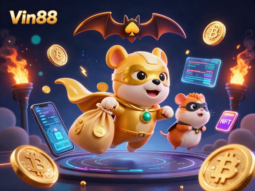 Experience winning with Vin88 in a vibrant casino scene featuring dynamic characters and crypto elements.