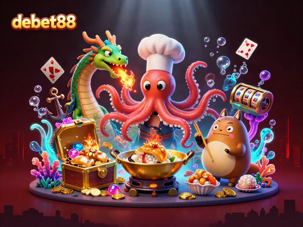 Engage in debet88's vibrant cinematic world with a chef octopus, dragon, and gaming elements.