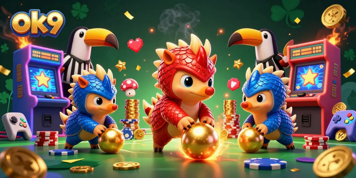 Experience the thrill of ok9 with competitive pangolins, poker chips, and vibrant gaming elements in a 3D scene.