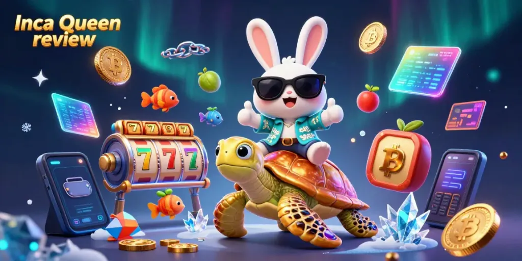 Inca Queen review highlights playful 3D characters amidst slot reels and vibrant casino elements.