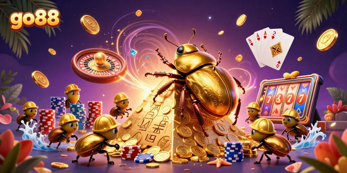 Experience the thrill of winning with go88 as a golden dung beetle rolls in a treasure-filled 3D casino scene.