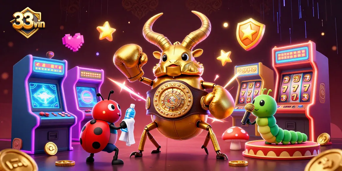 Engage in thrilling casino action with 33win's dynamic illustration of a boxing stag beetle and colorful gaming elements.