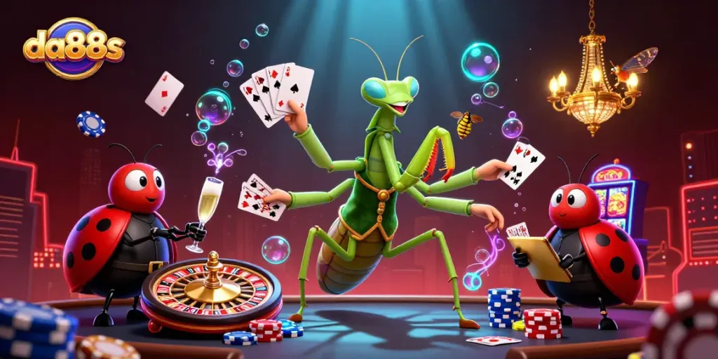 Engage with da88s in a dynamic casino scene showcasing a card sharp and pit boss amidst casino elements.