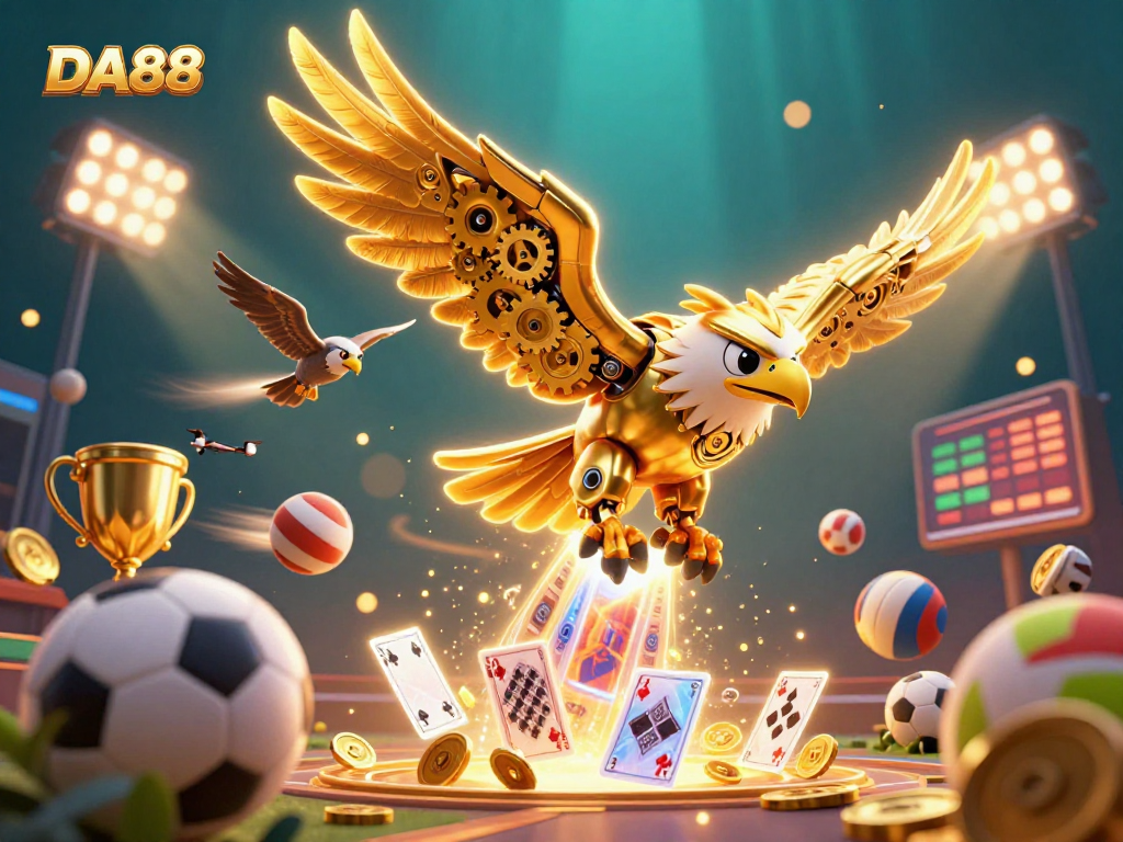 Experience thrilling gaming with DA88 in this dynamic 3D illustration of a cybernetic eagle and sports elements.
