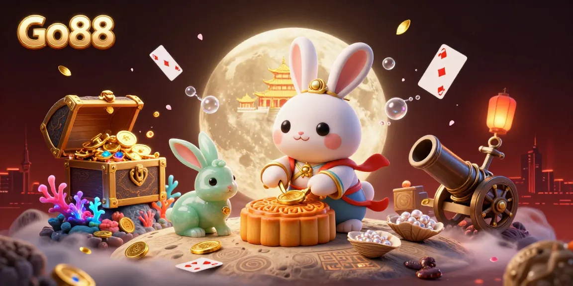 Engage with Go88 through a dynamic casino-themed illustration featuring a moon rabbit and poker elements.