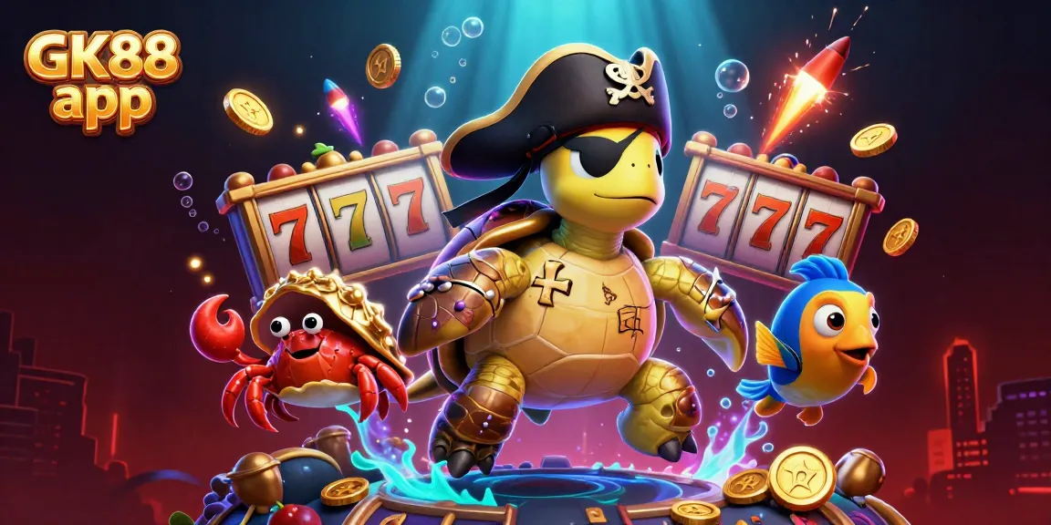 Spin the reels with the GK88 app, featuring fun characters and vibrant casino elements.