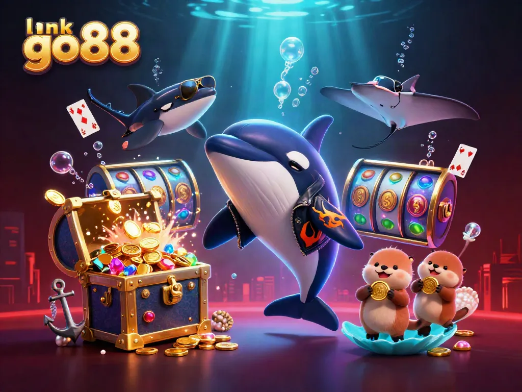 Experience winning with link go88 in a vibrant underwater casino scene featuring playful characters and slots.