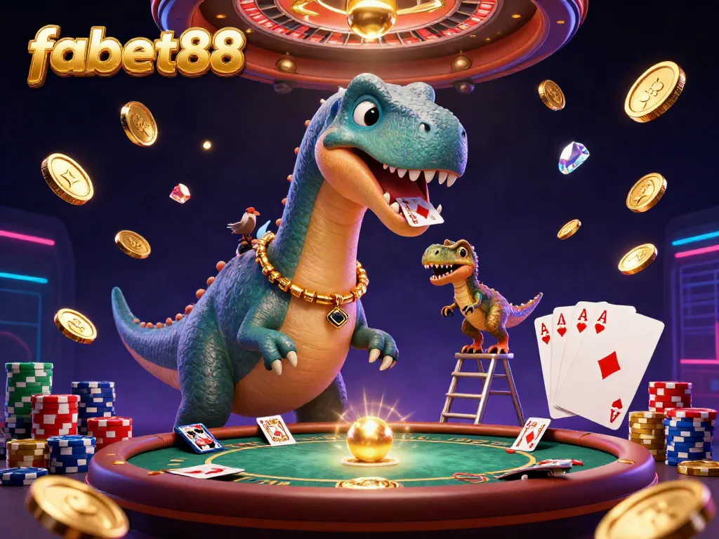 Engage with fabet88 in a vibrant casino scene featuring a brontosaurus and raptor.
