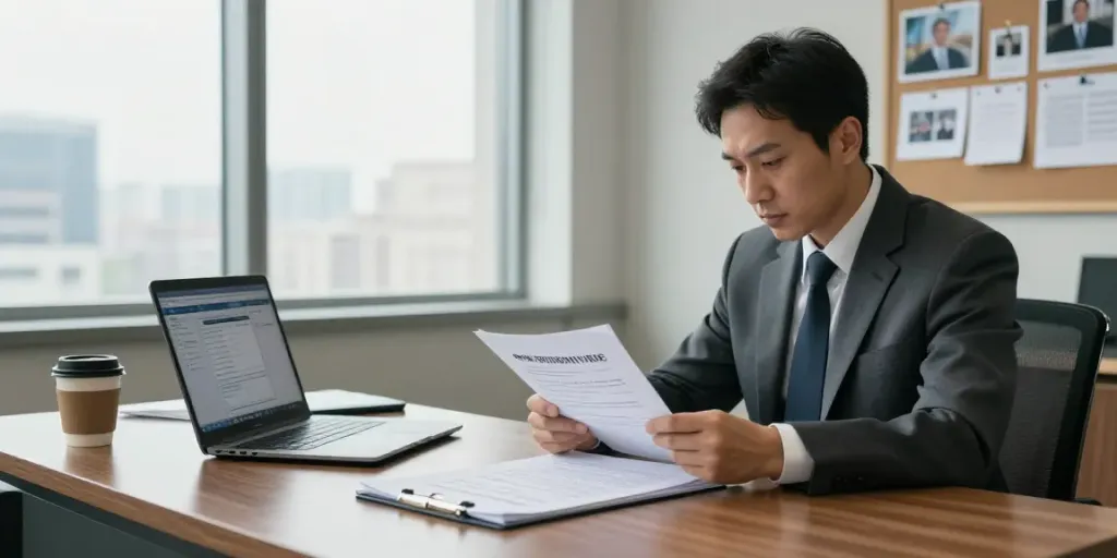 https://goodtam.com showcasing a professional investigation office with a investigator reviewing case files.