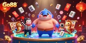 Go88 captures the excitement of gambling with a dynamic 3D underwater scene featuring slot games and festive elements.
